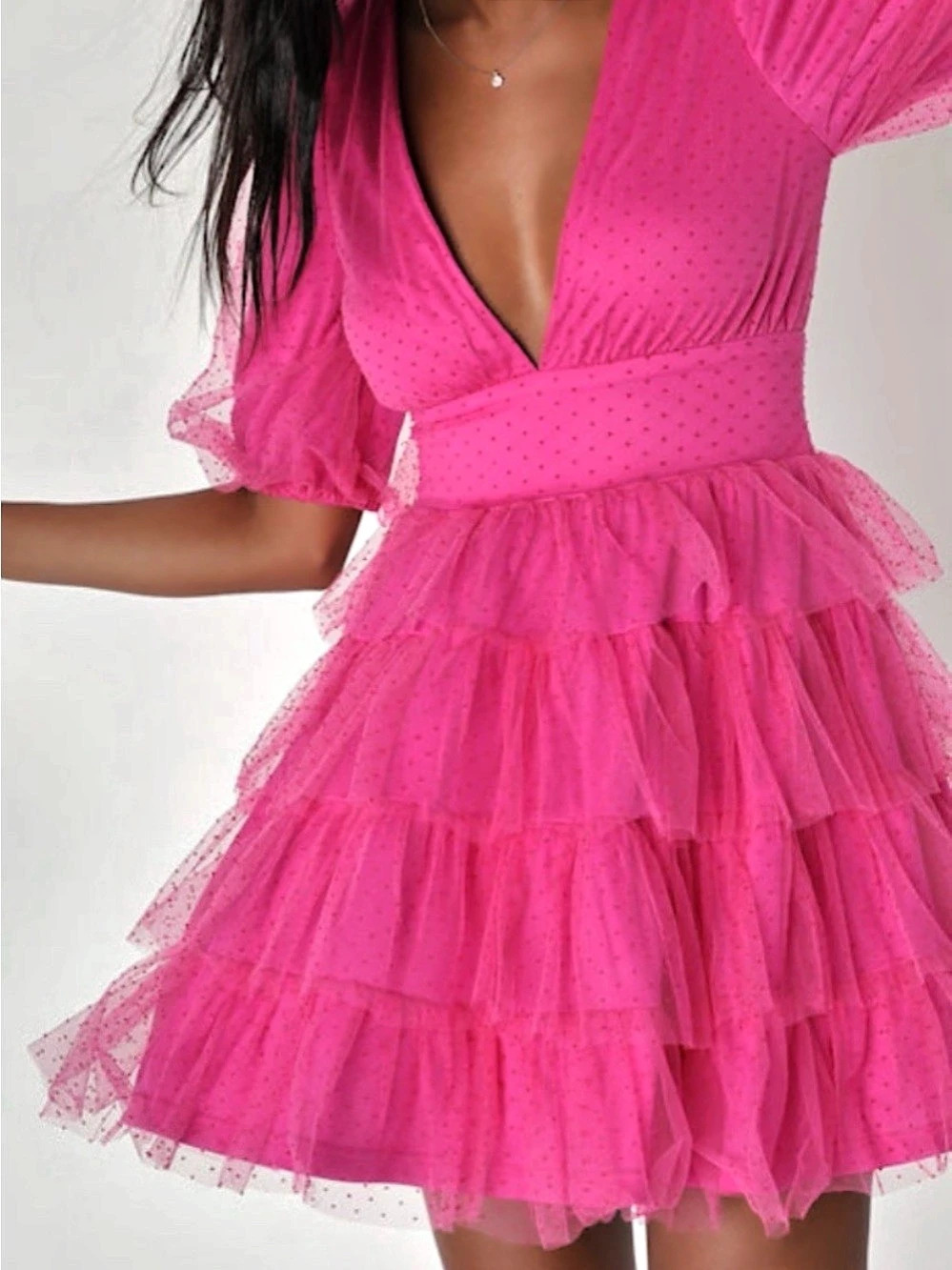 Lulus Hot Pink Dot Tulle Puff Sleeve Tiered Mini Dress NWT SMALL